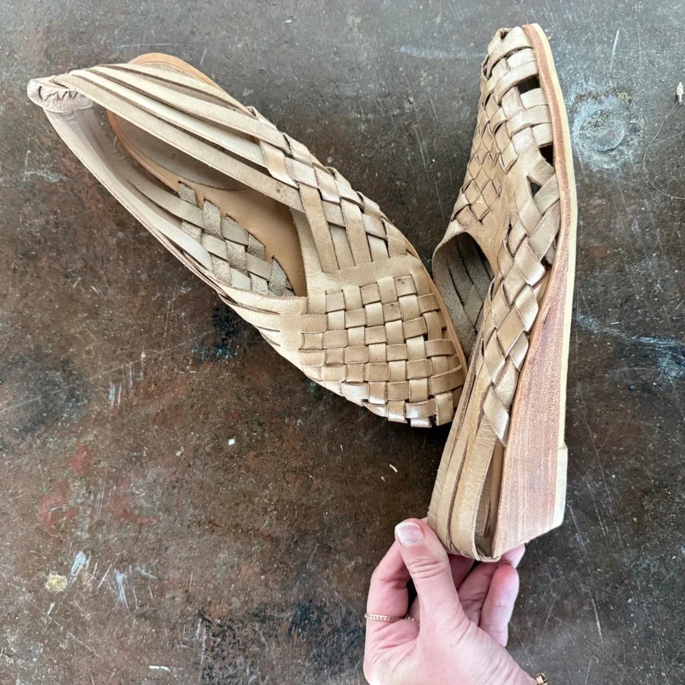 Vtg 90s Nine West Slingback Wedge Sandal Woven Leather Flats Womens 8.5N Coastal
